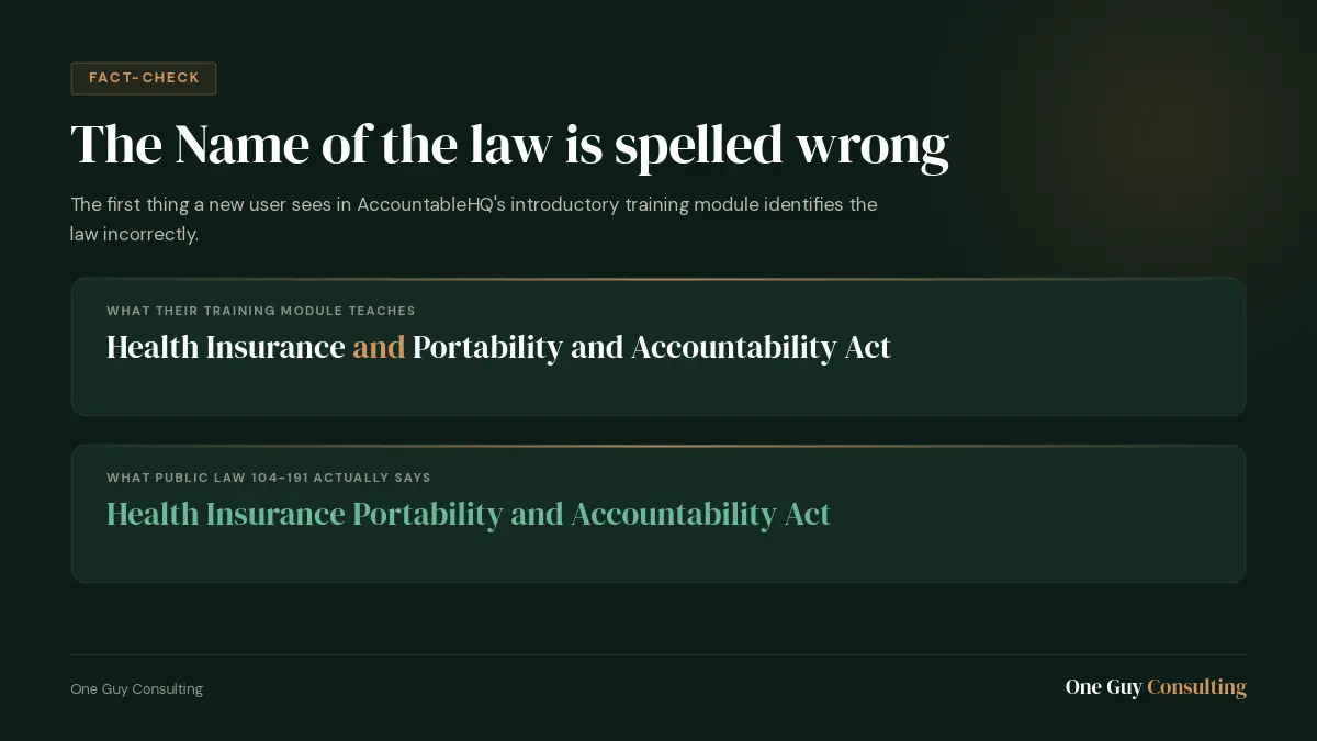Fact-check graphic: AccountableHQ training uses an incorrect name for the HIPAA law